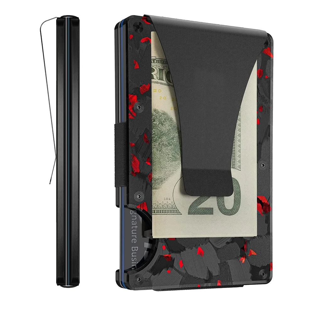 

Premium Ultra Slim Forged Ember Wallet RFID Aluminum Card Holder with Elastic Cash Strap Money Clip Forged Carbon Wallet