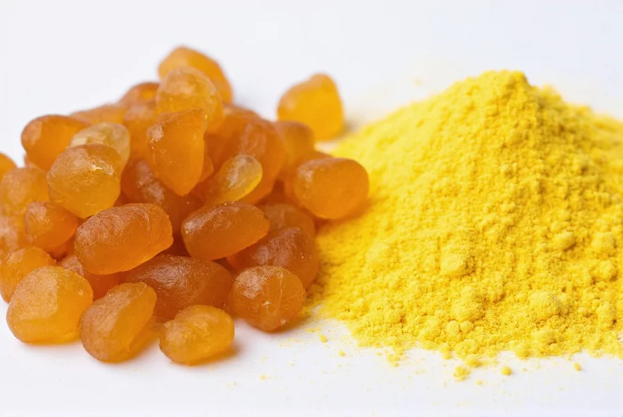 Close-up photograph of asafoetida resin in both lump and powdered form, showing the amber-colored resin pieces next to the yellow powder