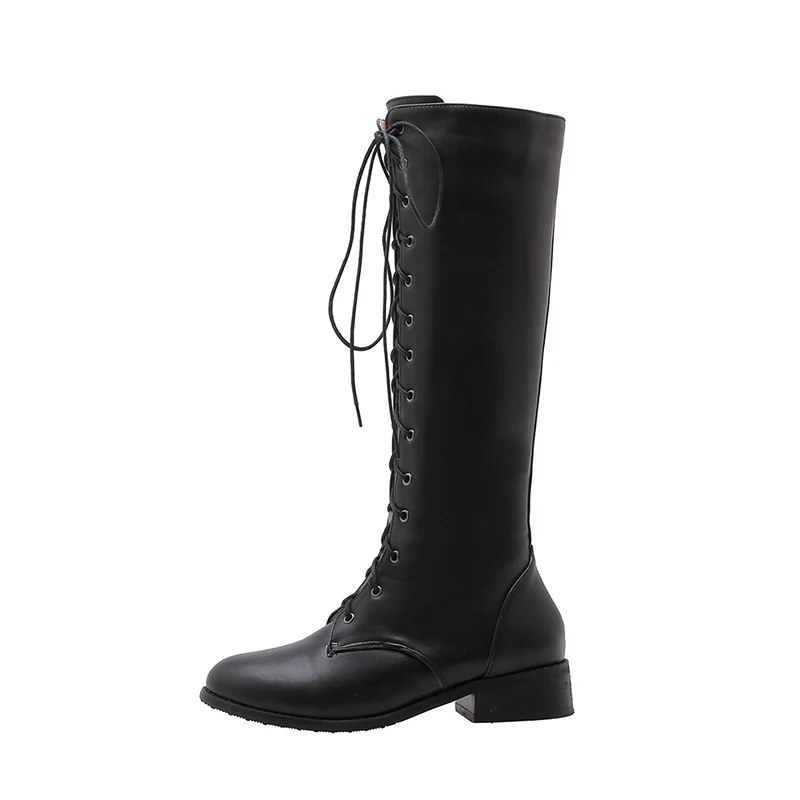 

New Style round head thick heel Lace-up zip-up ladies'knee boots