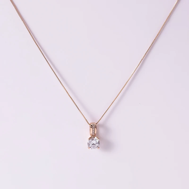 

YN10069 Italina Jewelry Manufacturer Prong Solitarire Simple Design Rose Gold Plated Clear CZ 925 Sterling Silver Brass Necklace, Pink