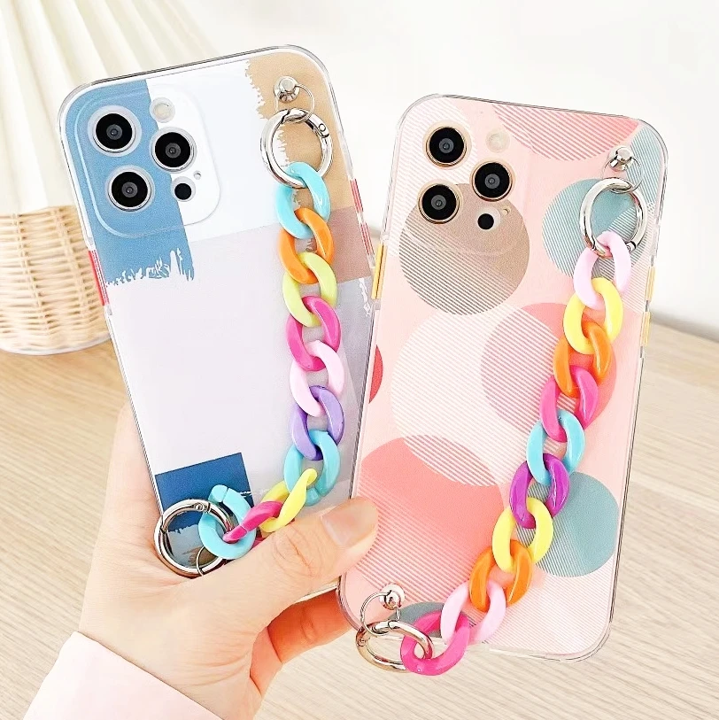 

Free Shipping Strap Mobile Cover for iPhone 12 Case 11 Pro Max Mini Fashion Shockproof Bracelet Pink Cell Phone Case