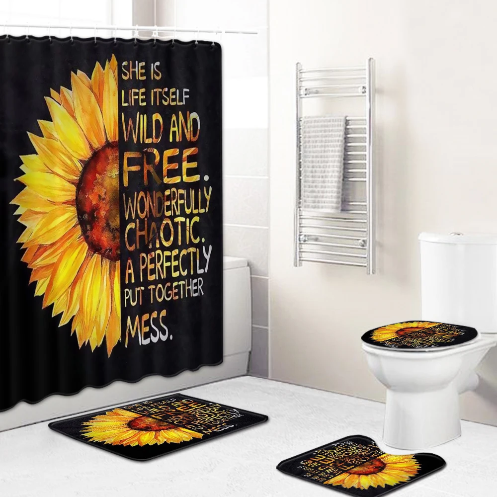 

Sunflower bathroom shower curtain with matching rug set custom