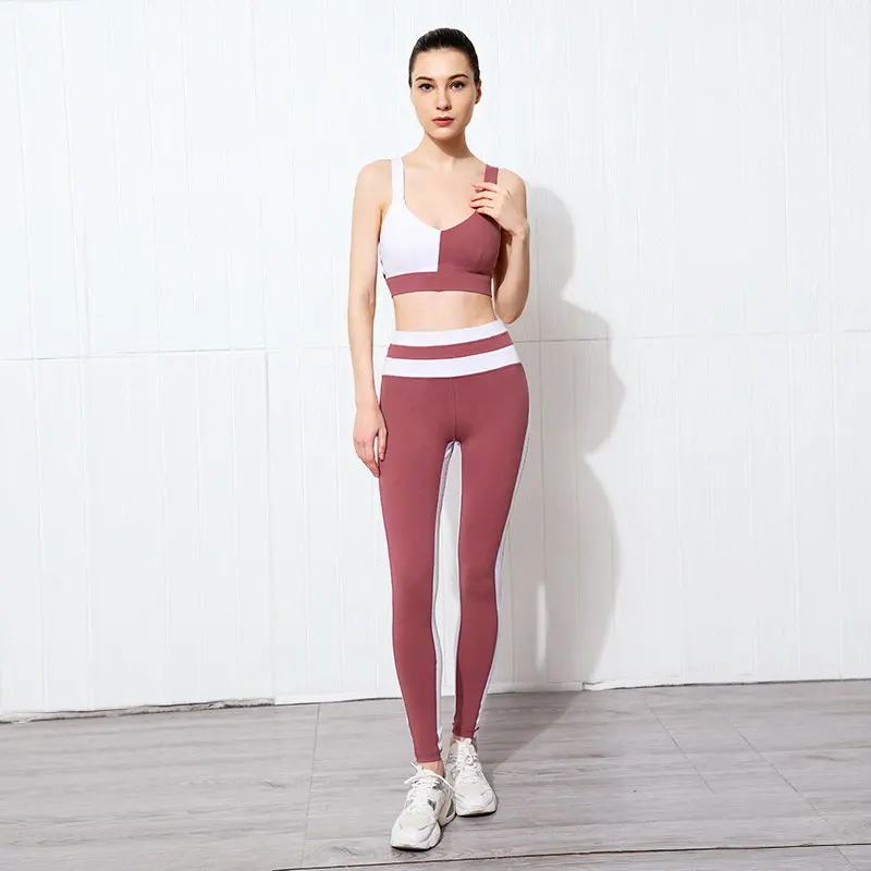 

Factory Wholesale Gym Women Color Contrast Stitching Yoga 2 Piece Set High Waist Butt Lift Leggings Fitness Set, As picture