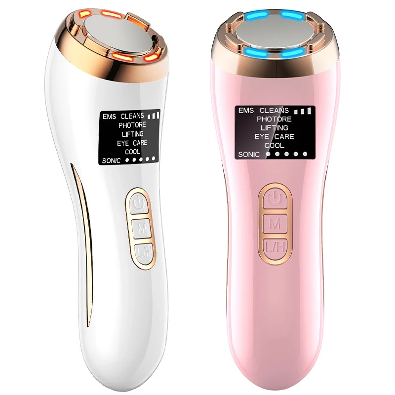 

7 in 1 Anti Aging Skin Cleansing Rejuvenation Machine Hot Cool Treatment Sonic Vibration Wrinkle Remover Facial Massager, Pink, white