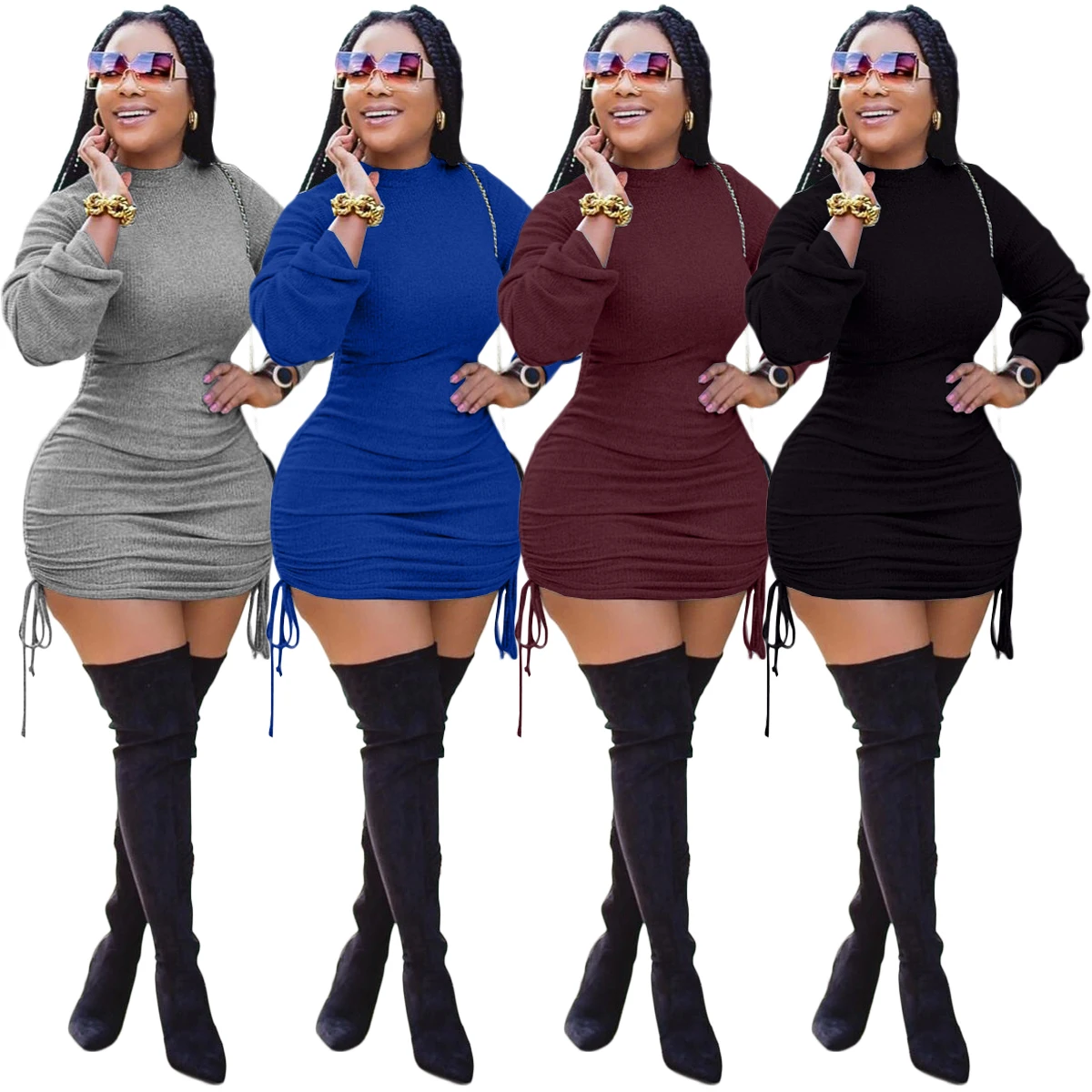 

One piece consignment XMY9278 Sexy fashion women's solid color long sleeve splicing hip hem bandage dress