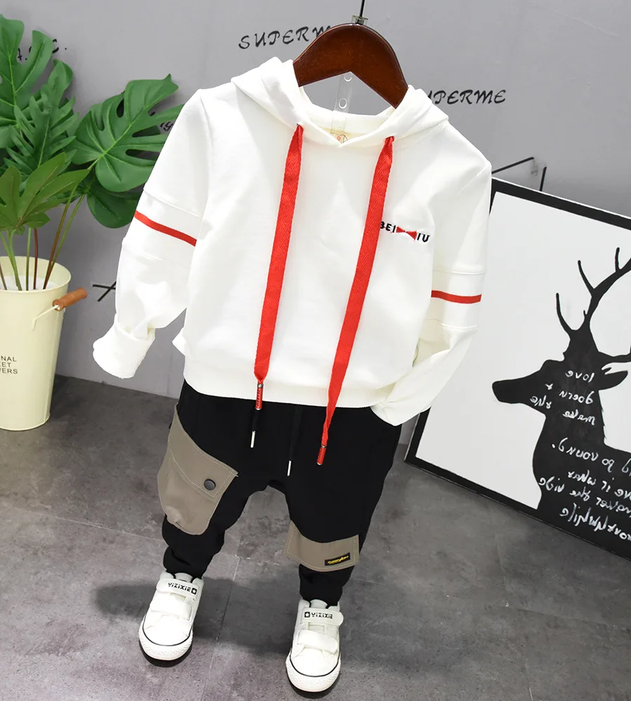 

2020 kids Spring Korean Hooded Sweater Autumn Alphabet Hoodie + Trousers 2-Piece Set Casual Cotton Sweater Shirts For Boys, Black,white