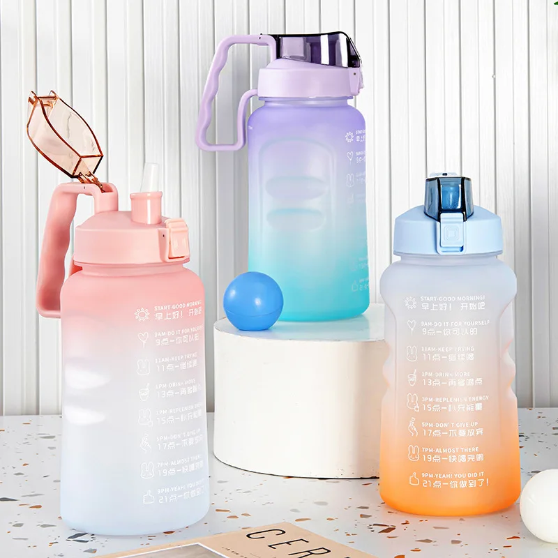 

Large-Capacity Handle Plastic Cup Bounce Cover Outdoor Frosted Sports Gradient Color Wholesale Drinking Bottle With Marker Time