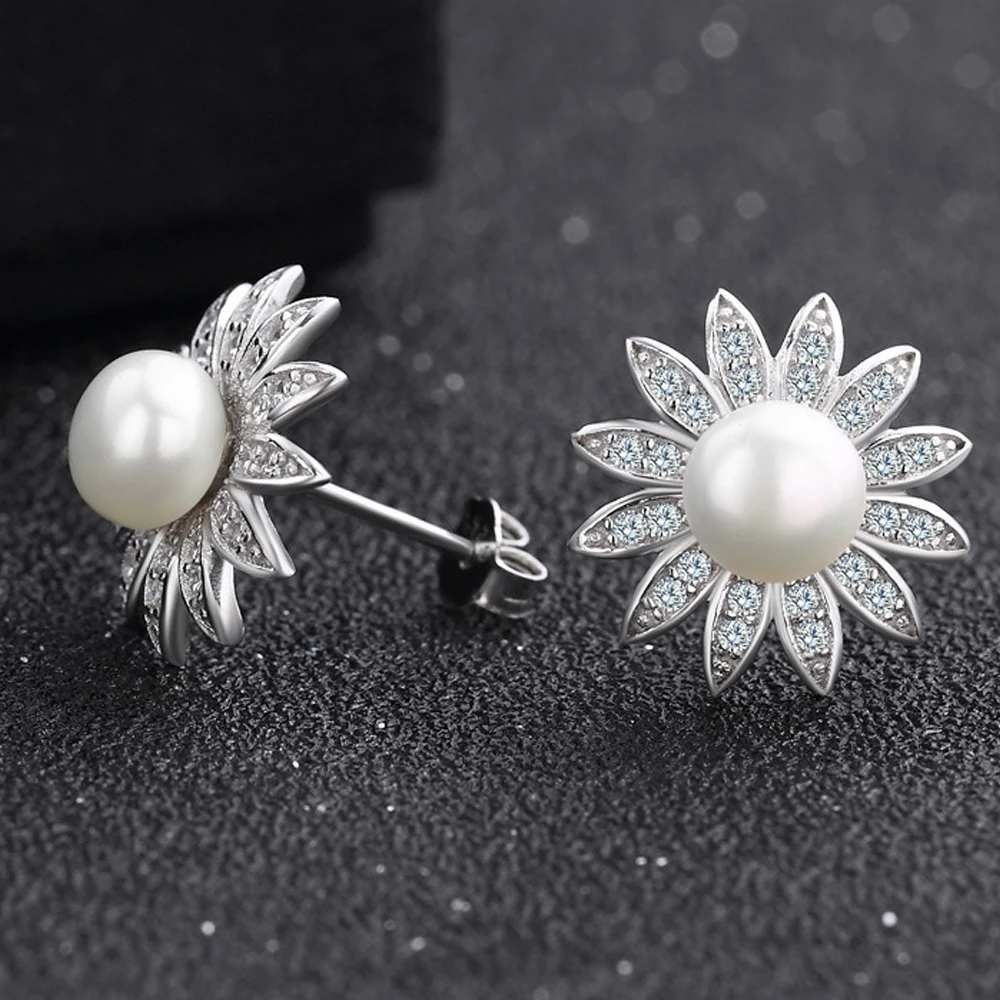 

Fine jewelry 100% 925 Sterling Silver Sunflower S925 Silver Freshwater Pearl Ear Nails Zircon Petals