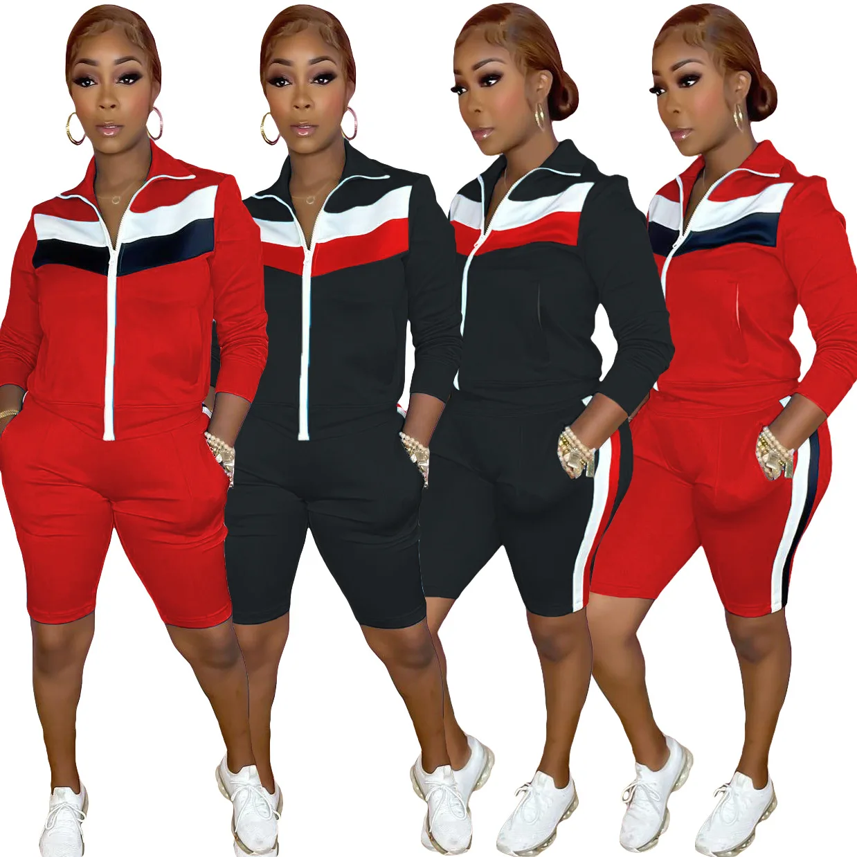 

2021 Casual stitching long sleeve mid-pants tracksuit Long Sleeve Zipper Sporty Coat and Pants Matching Slimming Suit, Picture color