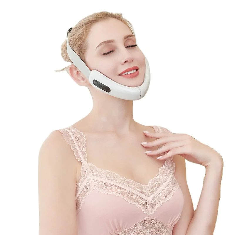 

New Design EMS Face Lifting Chin Slimming Tightening Infrared Vibration v Face Lift Massager Belt, White pink