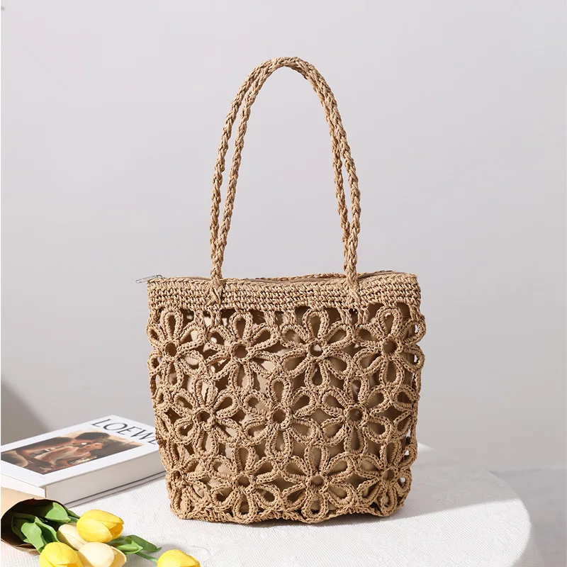 

Summer hollow flowers straw woven bag women's shoulder portable seaside holiday beach crochet bag, Natural