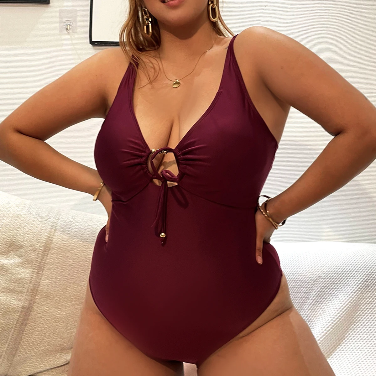 

European and American new oversize solid color bandage high waist sexy large Bikini large size swimsuit in stock, Black/claret