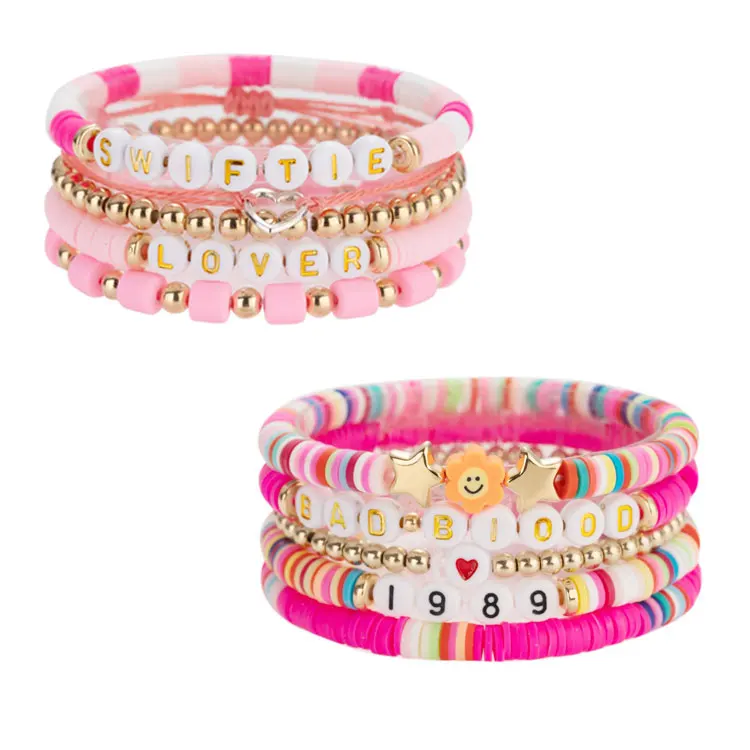 

Hot Selling Pink Taylor Lover Bracelet Girls Friendship Bracelet Multilayer Polymer Clay Disc Smiley Face Letter Beaded Bracelet