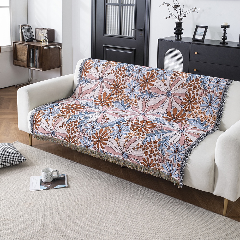 New Style Jacquard Tapestry Cotton Table Cloth Floral Woven Blanket for Custom Sofa Covering Elegant Flower Series Design