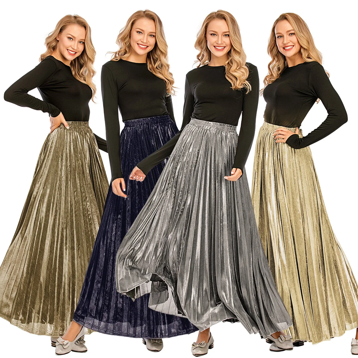 

High-waisted A-line pleated skirt solid beach maxi skirt muslim long dress