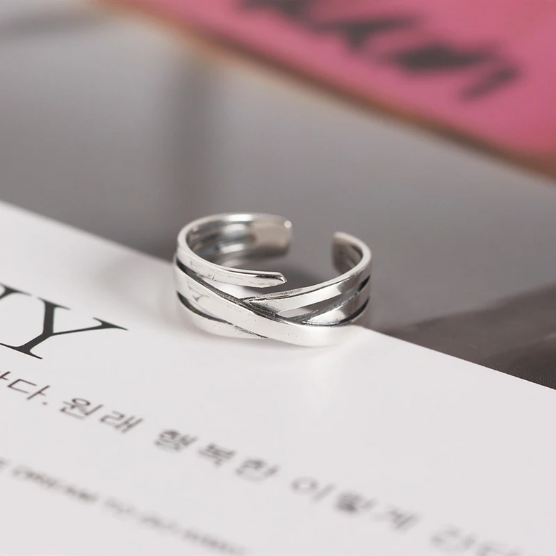 

925 sterling silver popular intergram style vintage ring multi-layer interwine irregular line ring female