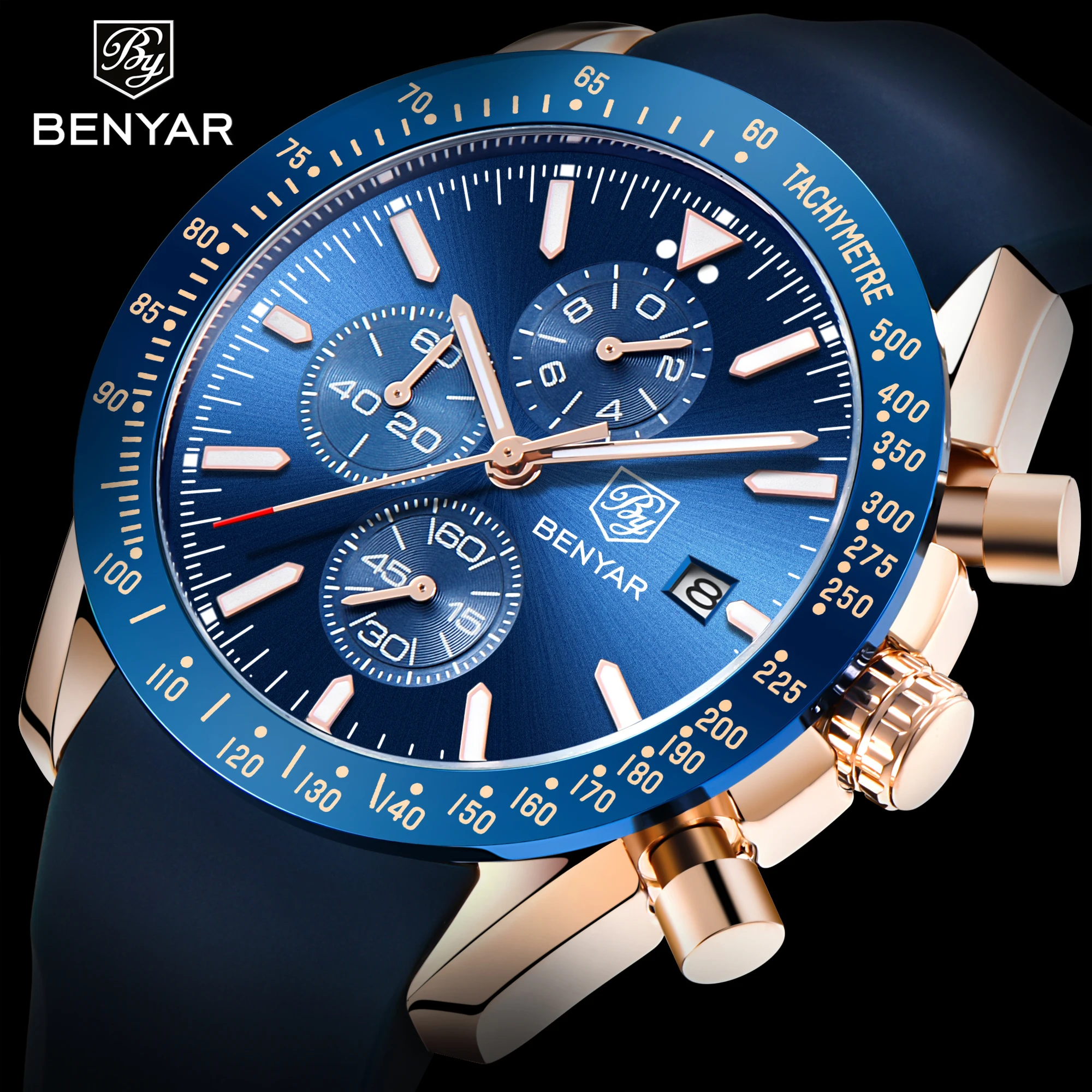 2019 new Benyar 5140 fashion big wrist watches for men quartz 3ATM water resistant multifunction Chronograph blue silicon strap