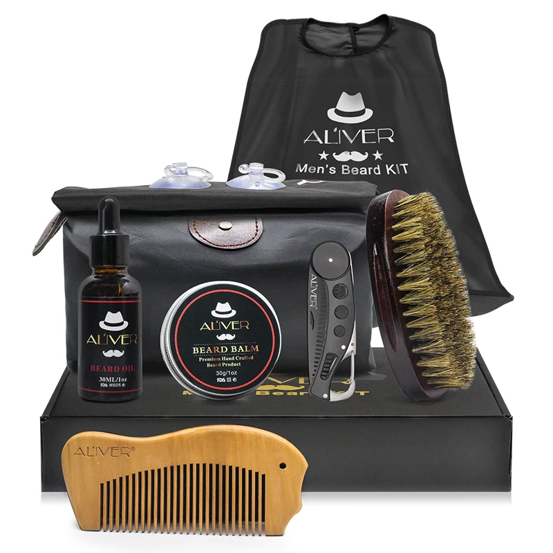 Beard Grooming Trimming Gift Set with Apron for Men Beard Care Kit Beard Oil Mustache Balm Brush Comb and Travel Bag
