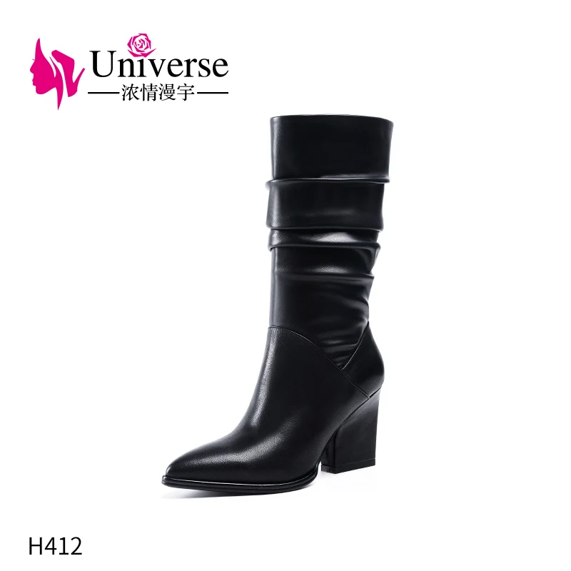 

H412 Knee High New Women Black Winter Genuine Leather Pointed Toe Women Boots
