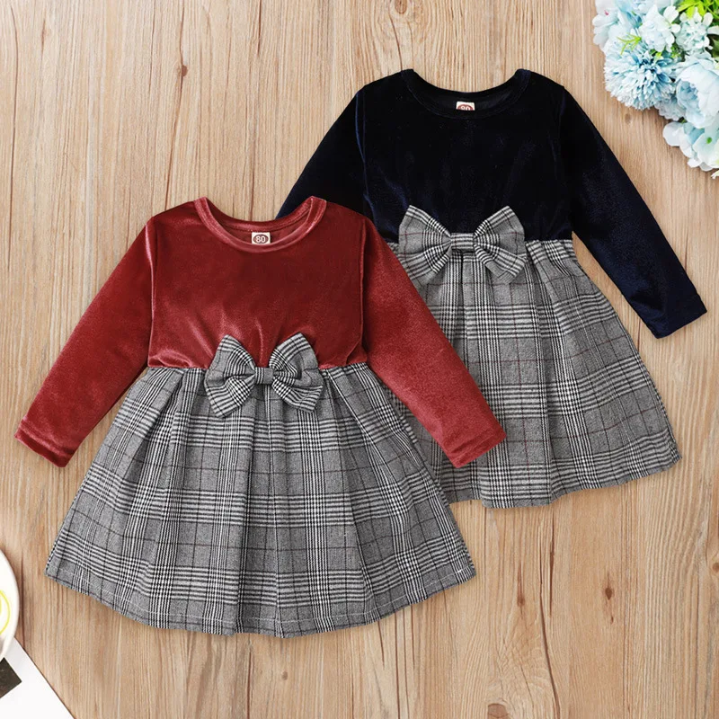 

Autumn Kids Clothing Baby Girl Long Sleeve Bow Plaid Dress Cotton Toddler Princess Dress Party Dresses Clothes M398
