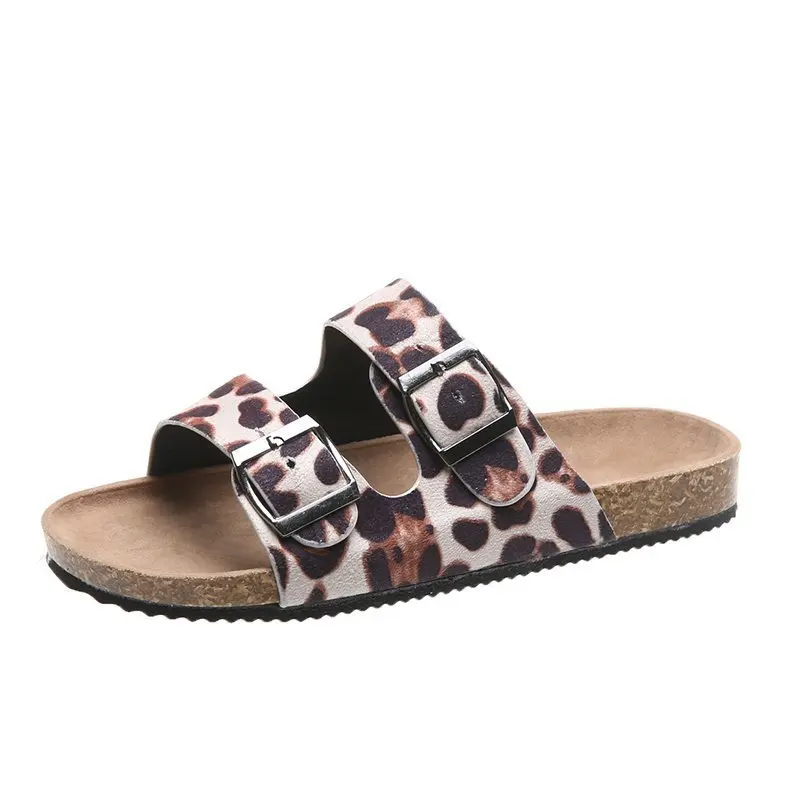 

LX-095 Latest leopard print adjustable double buckle strap open toe flat cork sandals slipper for women casual beach sandals, Picture show , squine colors