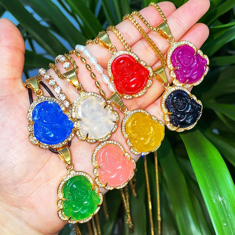 

High quality S925 silver plated Maitreya agate inlay colorful jade buddha pendant necklace for women, Gold