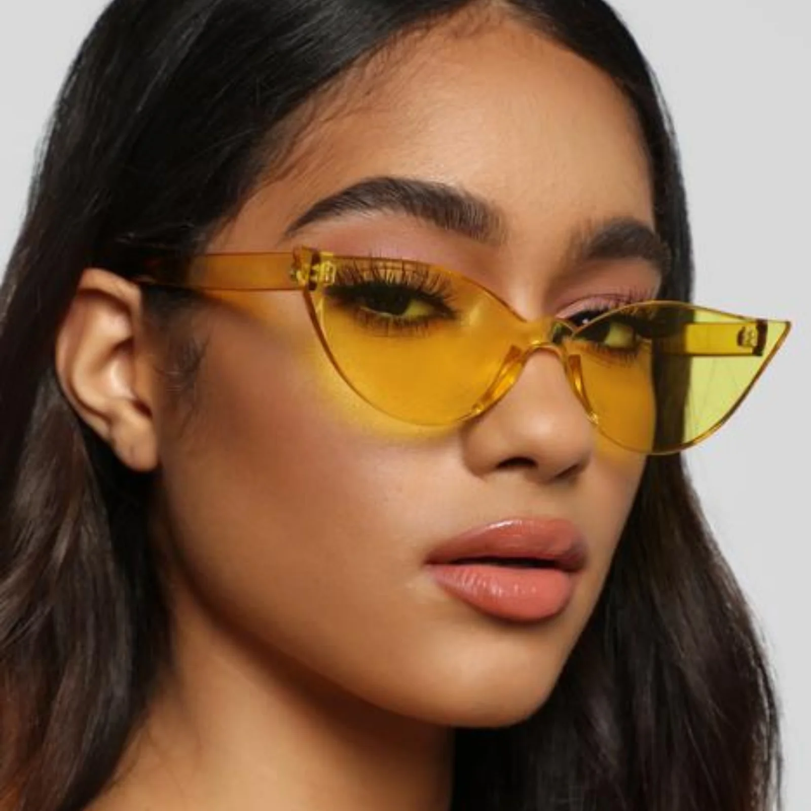 

VIFF HP20431 Brand Designer 2021New Fashion Rimless Bend Leg Trendy Colorful Lens Women Sun Glasses Oversize Shades Sunglasses, Yellow/custom color