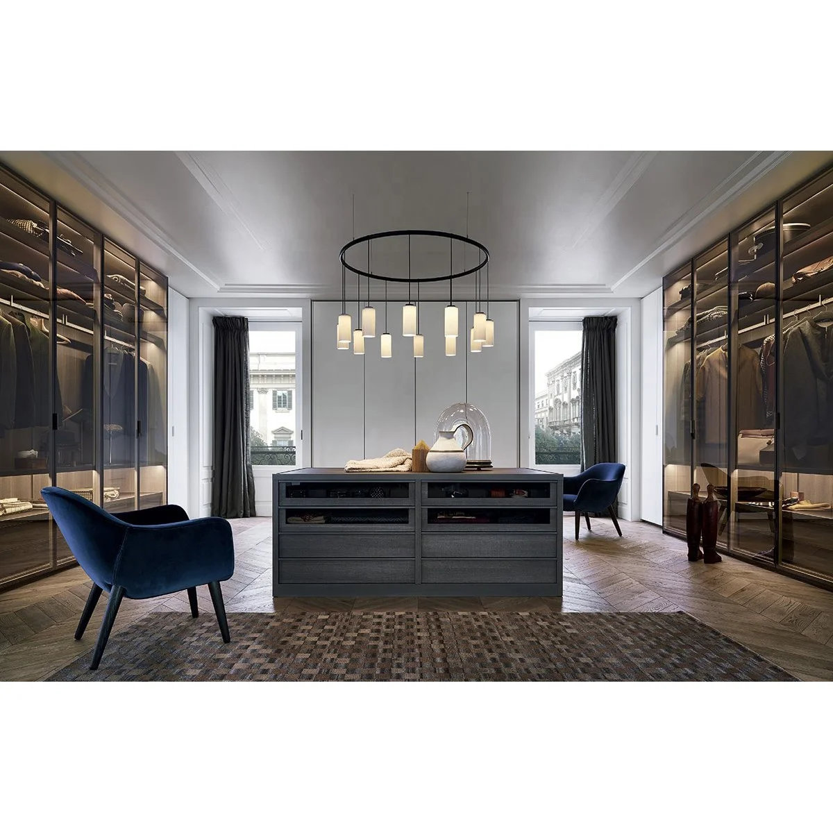 C&YCABINET RTS Italian Design Glass Door Plywood Melamine Carcass Luxury LED Light Walk in Closet Wardrobe