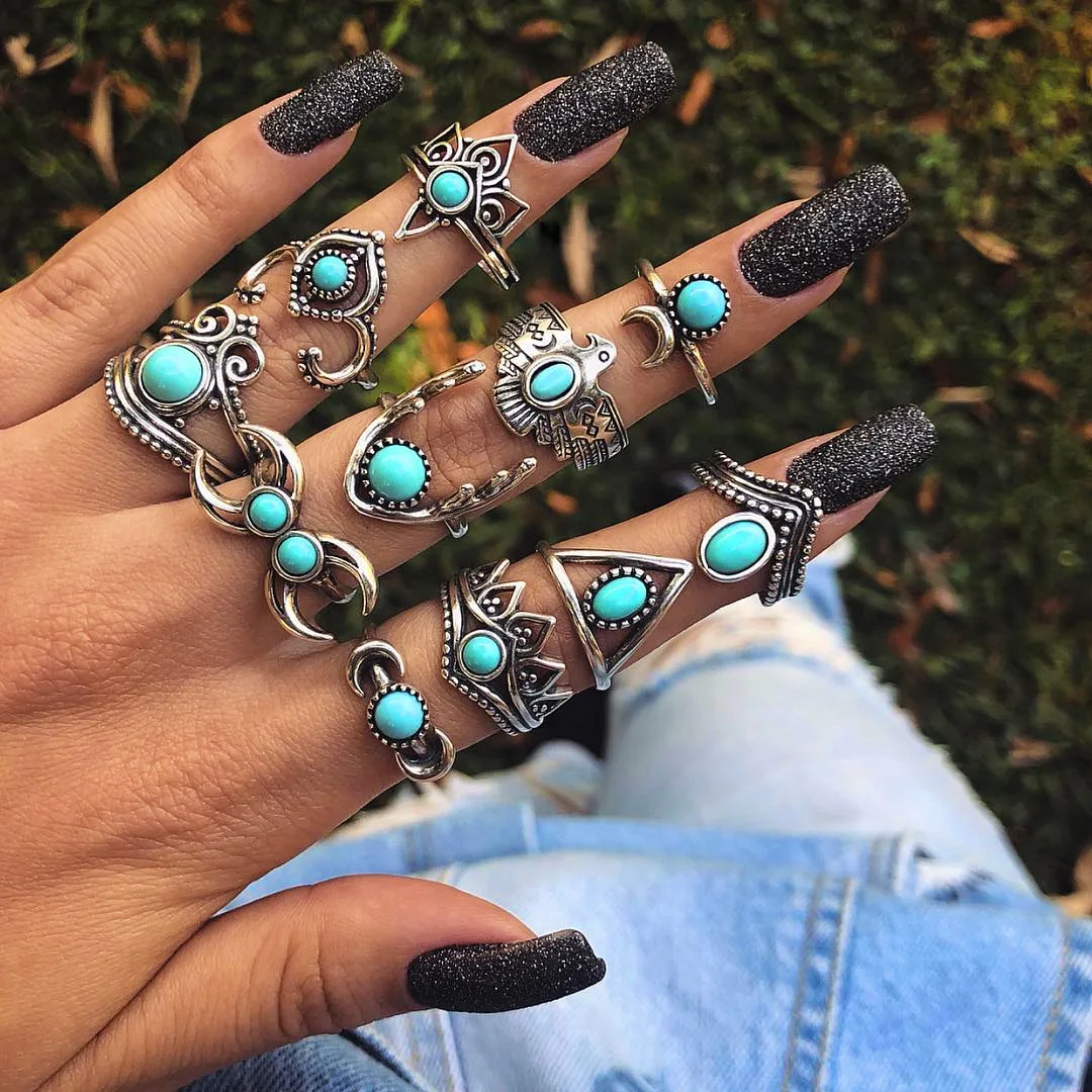 

Boho Stylish 11-piece Ring Set Gold Plated Bohemian Joint Knuckle Carved Turquoise Rings w/ Night Owl Designer Finger Ring Set