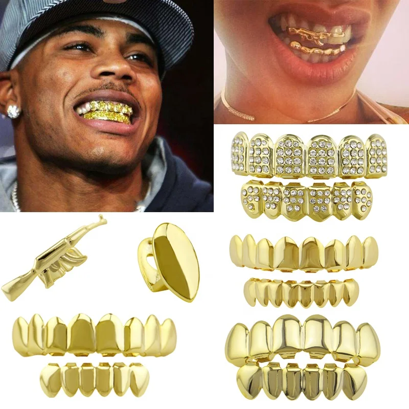 

2021 Trendy Halloween grillz diamond teeth Dentaire Grill Teeth Safe Grillz Jewelry Gold Teeth Grillz, Silver gold
