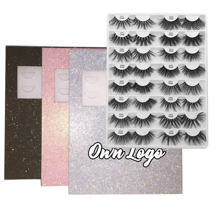 

Print Logo or Custom pink Glitter Eyelash Packaging Case Thick Long Fluffy Dramatic 16 pairs 25mm 5D Real Mink lash book
