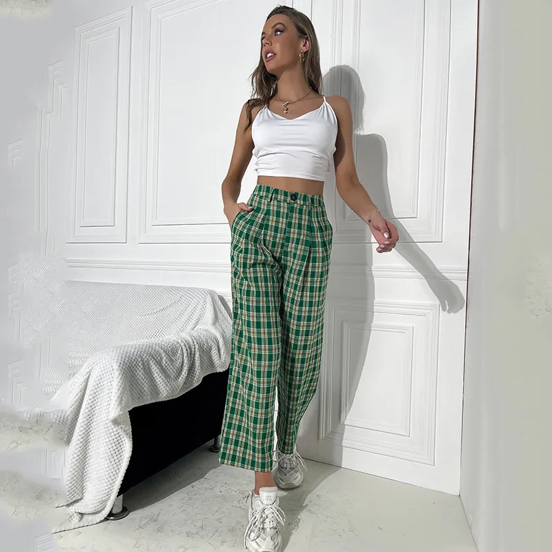 

2022 Custom Design New Polyester Green Gingham Fall Clothes Shift Casual Buttons Straight Leg Pants Simplicity Fashion Trousers, Picture color