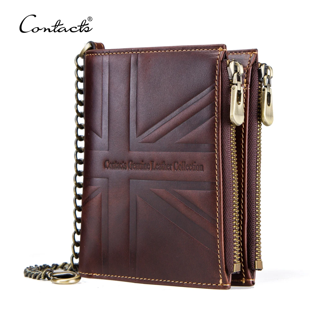 

dropship contact's hot vintage crazy horse leather double zipper side coin pockets bifold rfid blocking men chain leather wallet, Coffee and customized