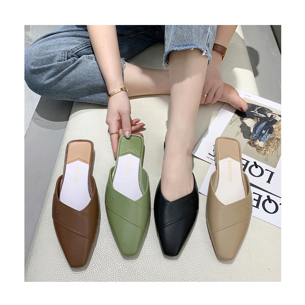 

Z New Shopee hot sell Summer fashion simple 4 color half shoes women's casual shoes slippers for women outdoor shoes slipper, Black/green/khaki/brown