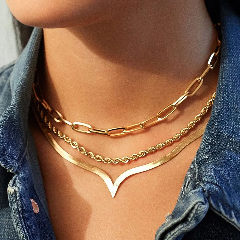 

New Trendy Gold Color Flat Snake Link Chain Lobster Clasp Collares Necklace Women Simple Metal Clavicle Chain Jewelry