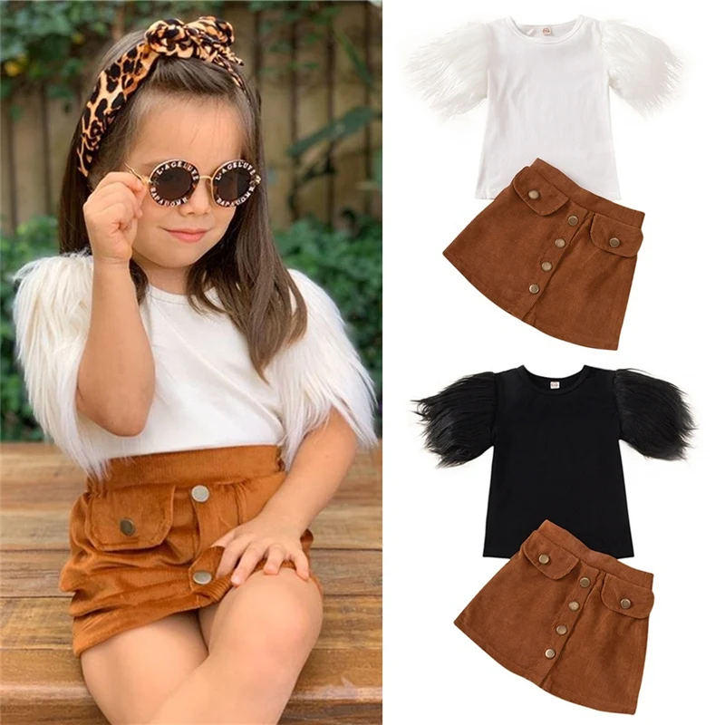 

2020 Fashion Toddler Kid Baby Girls 2Pcs Clothes Sets Fur Short Sleeve Solid T Shirts Tops Button A-Line Skirts Outfits, White,black