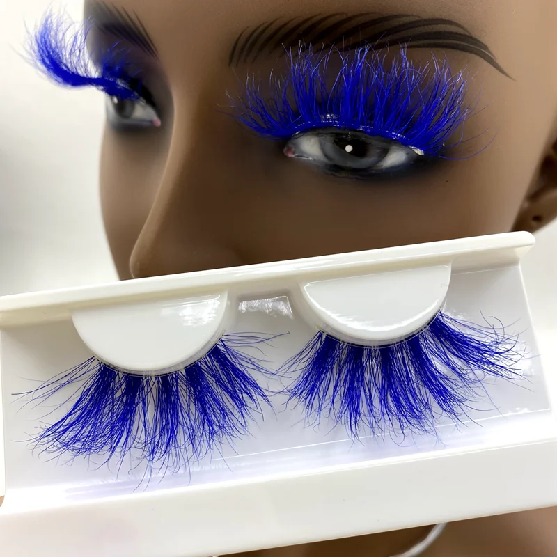 

Luxury eyelashes 25mm mink fur blue color lashes with custom private label eyelash box your own logo brand hot selling vendor