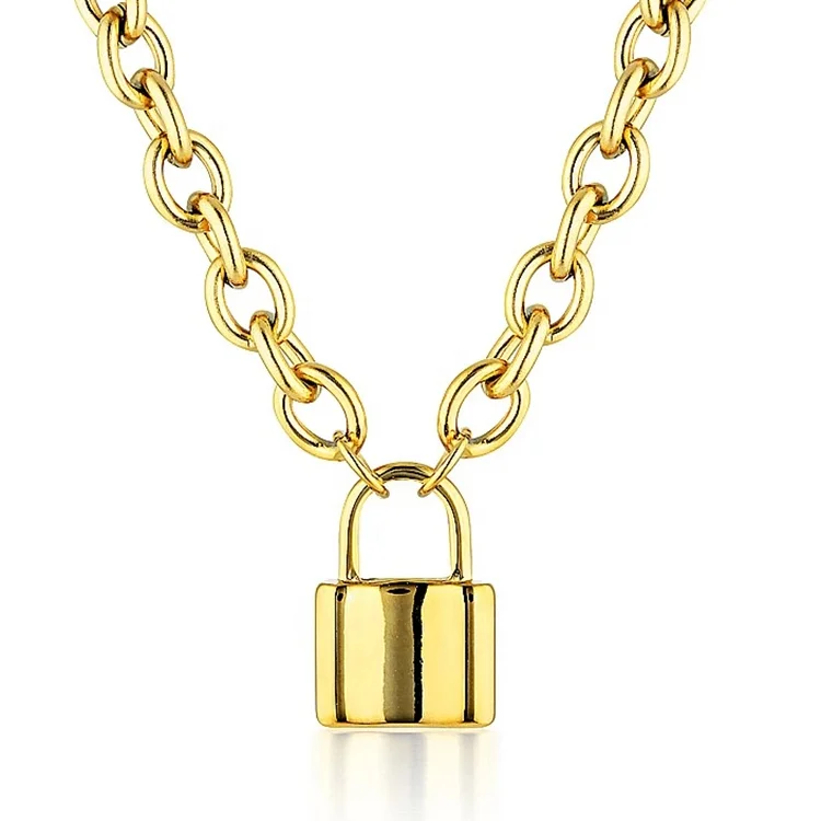 

Trendy Minimalist Stainless Steel Padlock Pendant Necklace Women 18K Gold Plated Personalized Lock Necklace, Gold color