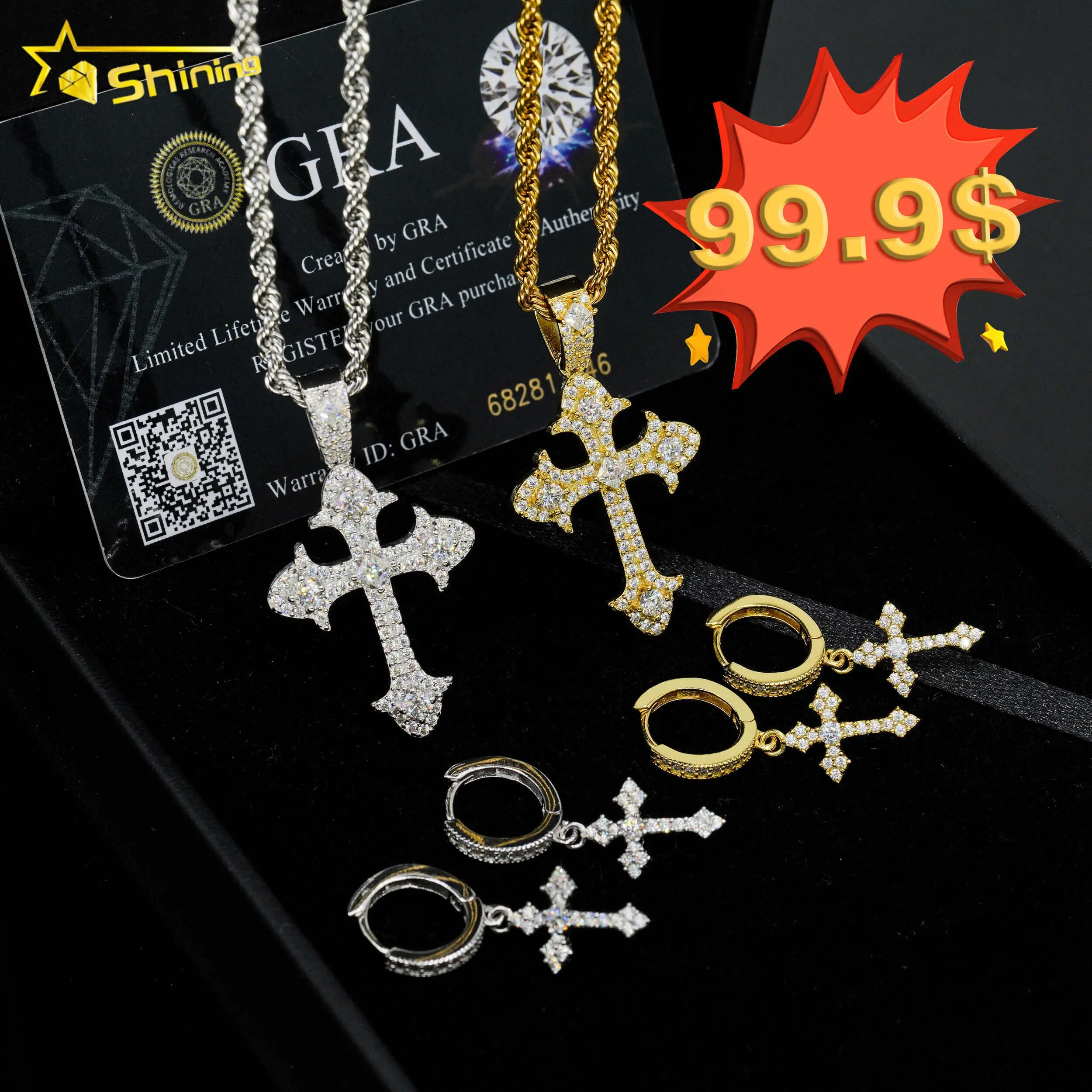 

Shining jewelry new arrivals jewelry sets 925 sterling silver high quality hip hop lab diamond cross moissanite pendant earrings