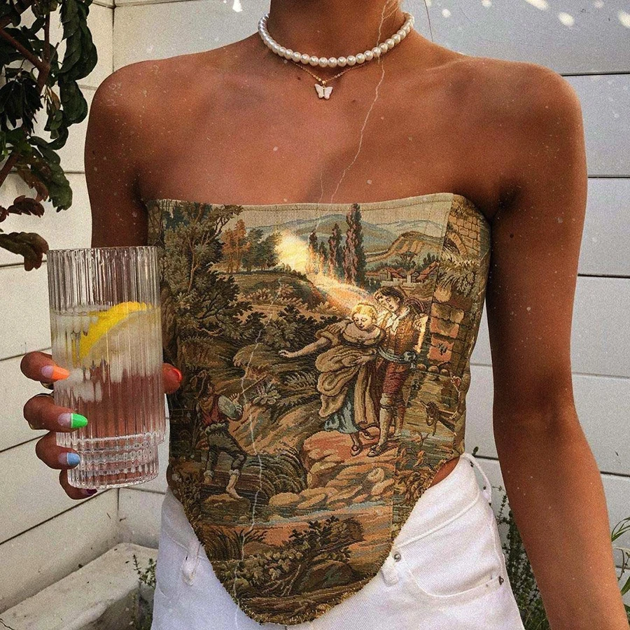 

Nibber K20B11421 Retro tube corset crop top women's hot streetwear ethnic tight wrap chest tank vest women's T-shirt