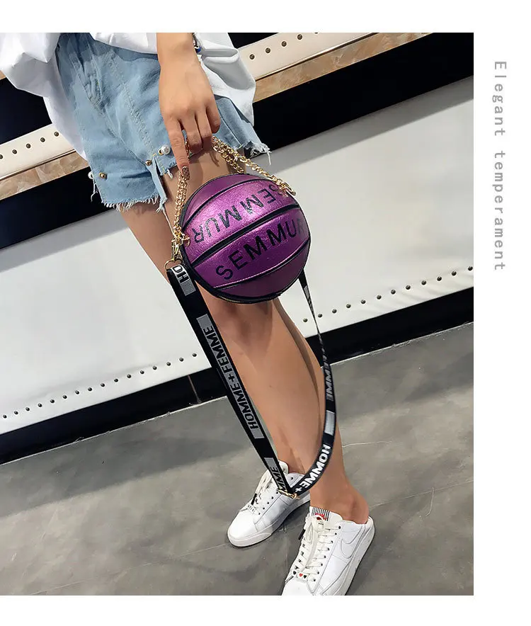 

TS9912 2020 new design round football PU Basketball Shaped Round Bag unique pu leather chain basketball shape purse women bags