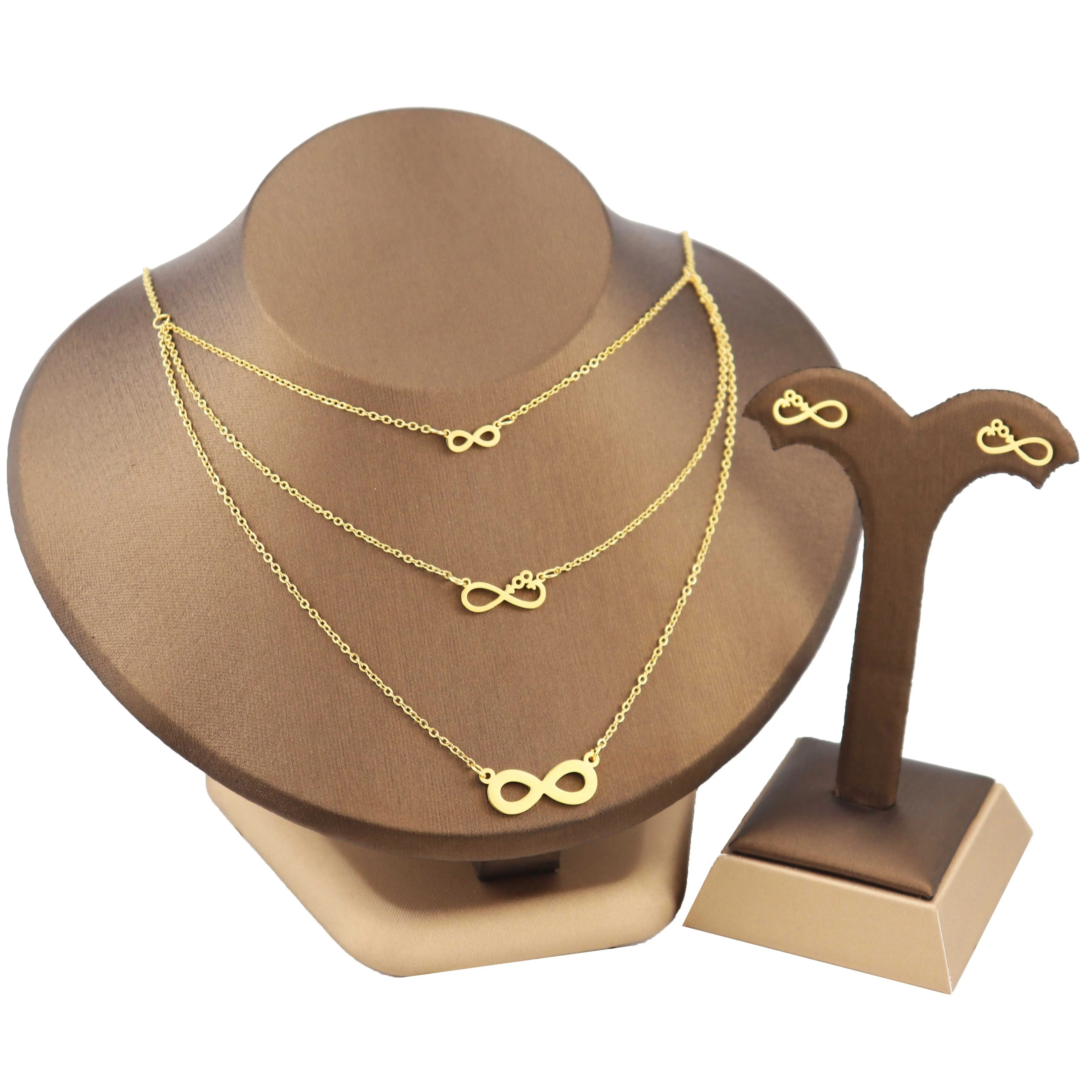 

Fashion stainless steel jewelry Triple chain 8-shape Pendant necklace and earring jewelry women girl set plated gold jewelry set