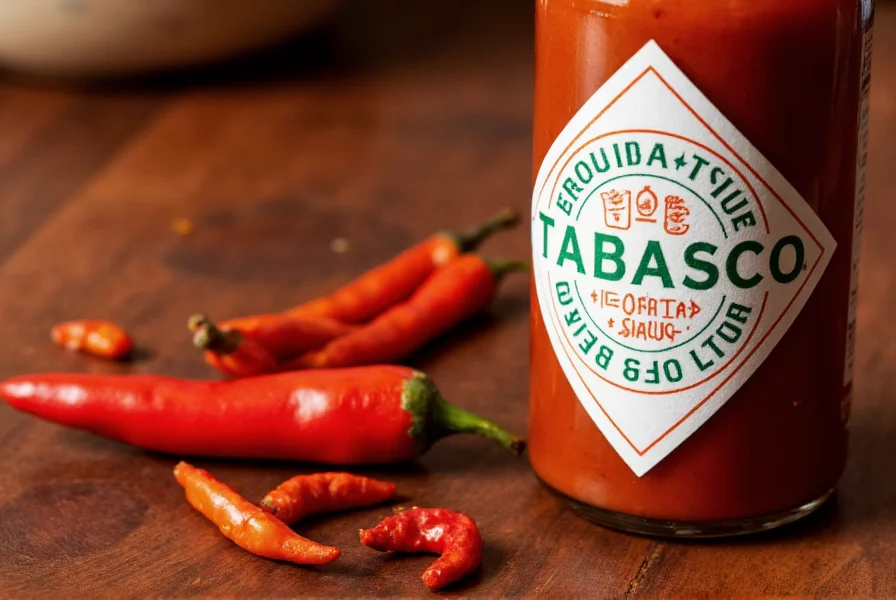 Close-up of Tabasco Chipotle Pepper Sauce bottle next to fresh chipotle peppers and cooking ingredients
