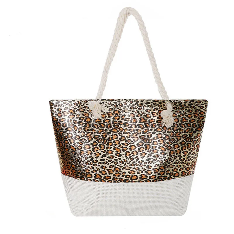 

Canvas Beach Bag Wholesale Personalized Large Capacity Rope Leopard Print Zipper Canvas Beach Bag, As pic show