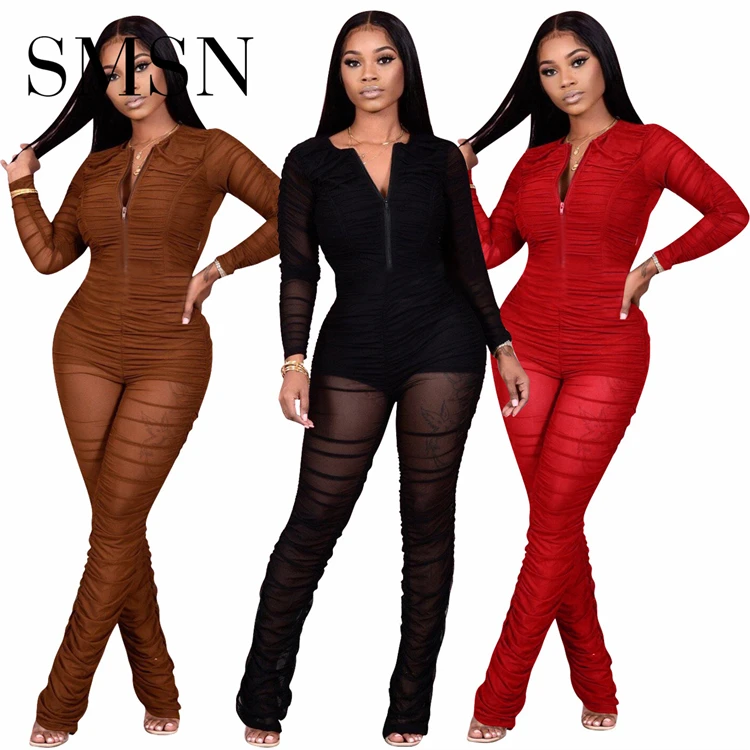 

New Trendy Solid Color Long Sleeve Sexy Mesh See Through Bodycon Fall Womens Jumpsuits Ladies Jumpsuit For Party