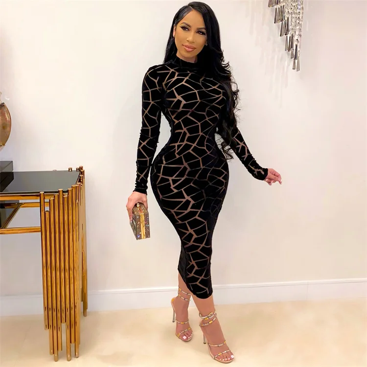 

2021 Hot selling mesh see through bodycon dresses Casual Streetwear Women Sexy print long sleeve dress