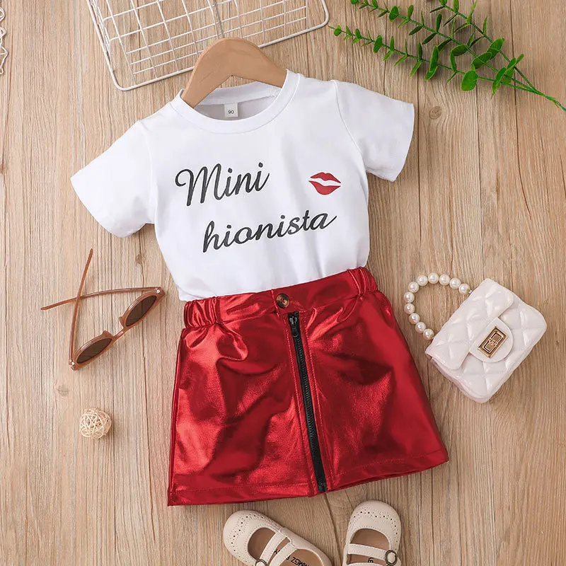 

New fashion summer toddler girls short sleeve knitting letter T-shirt and shining zipper skirt 2 pieces clothing set, Picture shows