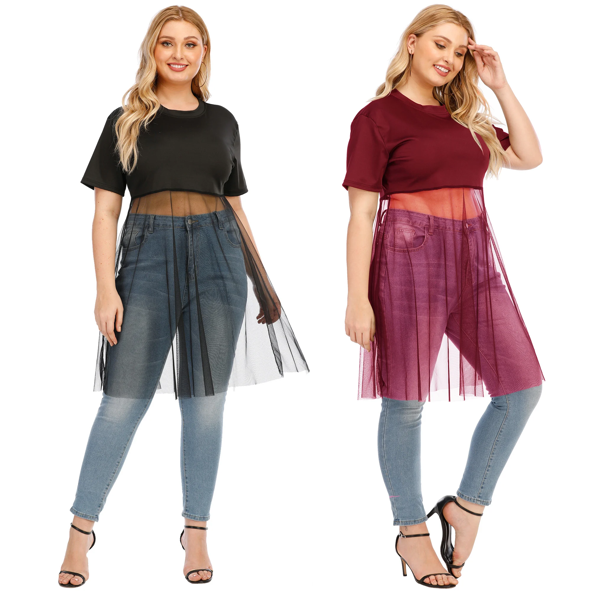 

Plus Size Women Clothing T Shirt Crop Oversize Sexy Round Neck Mesh Short Sleeve Tops, 2 colors