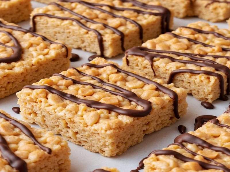 Rice krispie squares with chocolate drizzle and peanut butter swirl
