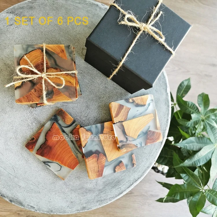 

Free shipping hand-made stocked tea cup coaster set with gift box custom square shaped solid pine wood epoxy resin coaster, Transparent